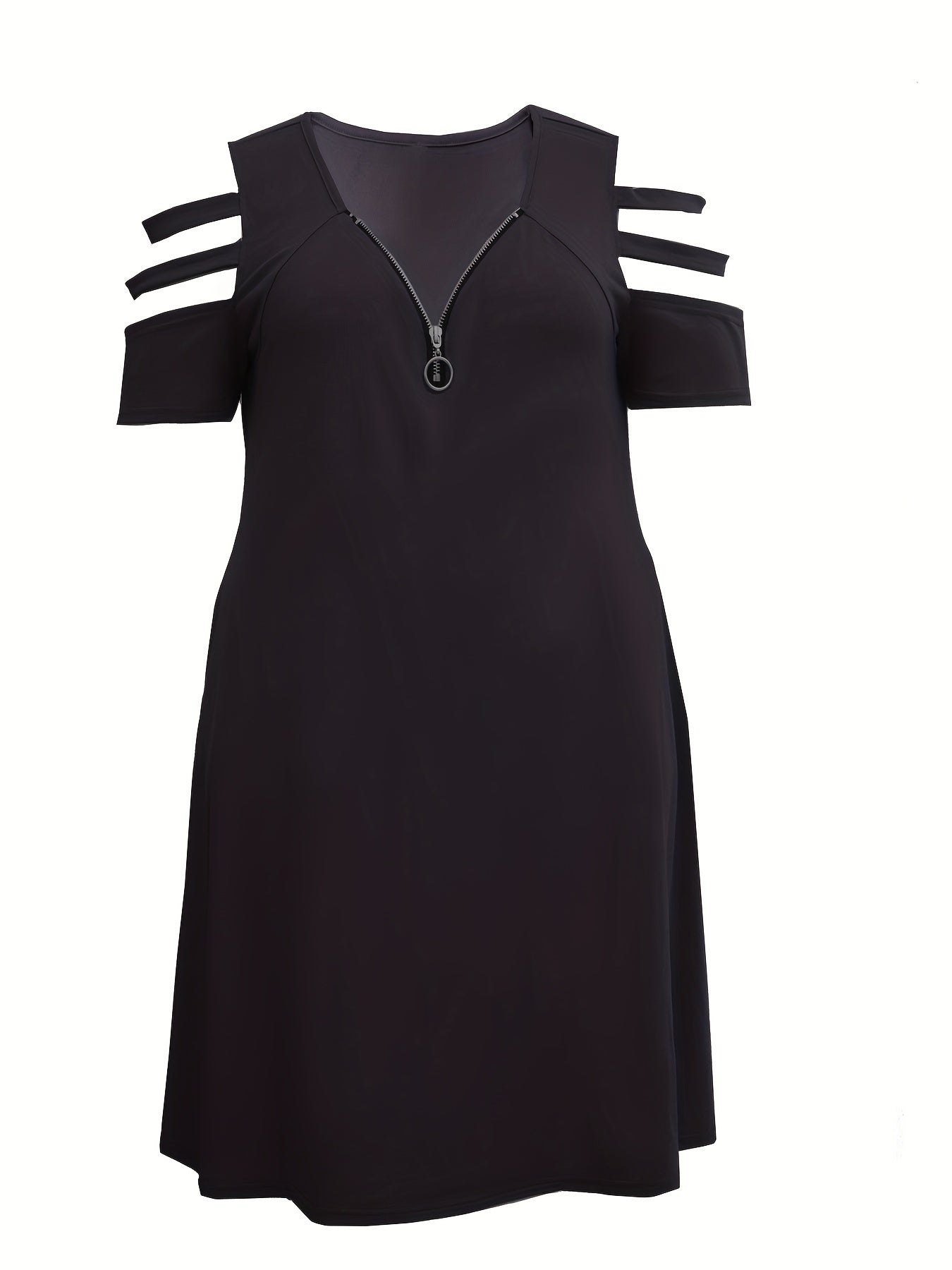 Solid Zipper Cut Out V Neck Dress With Pockets