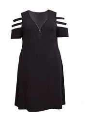 Solid Zipper Cut Out V Neck Dress With Pockets