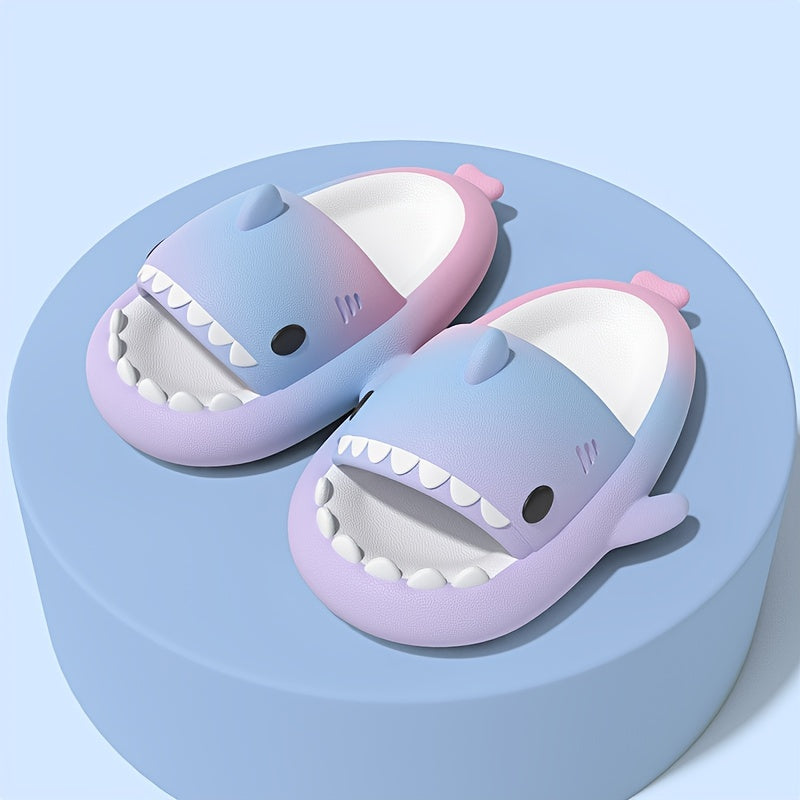 Ombre Cartoon Shark House Slippers Women's Open Toe Platform Home Slides