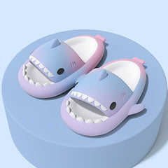 Ombre Cartoon Shark House Slippers Women's Open Toe Platform Home Slides
