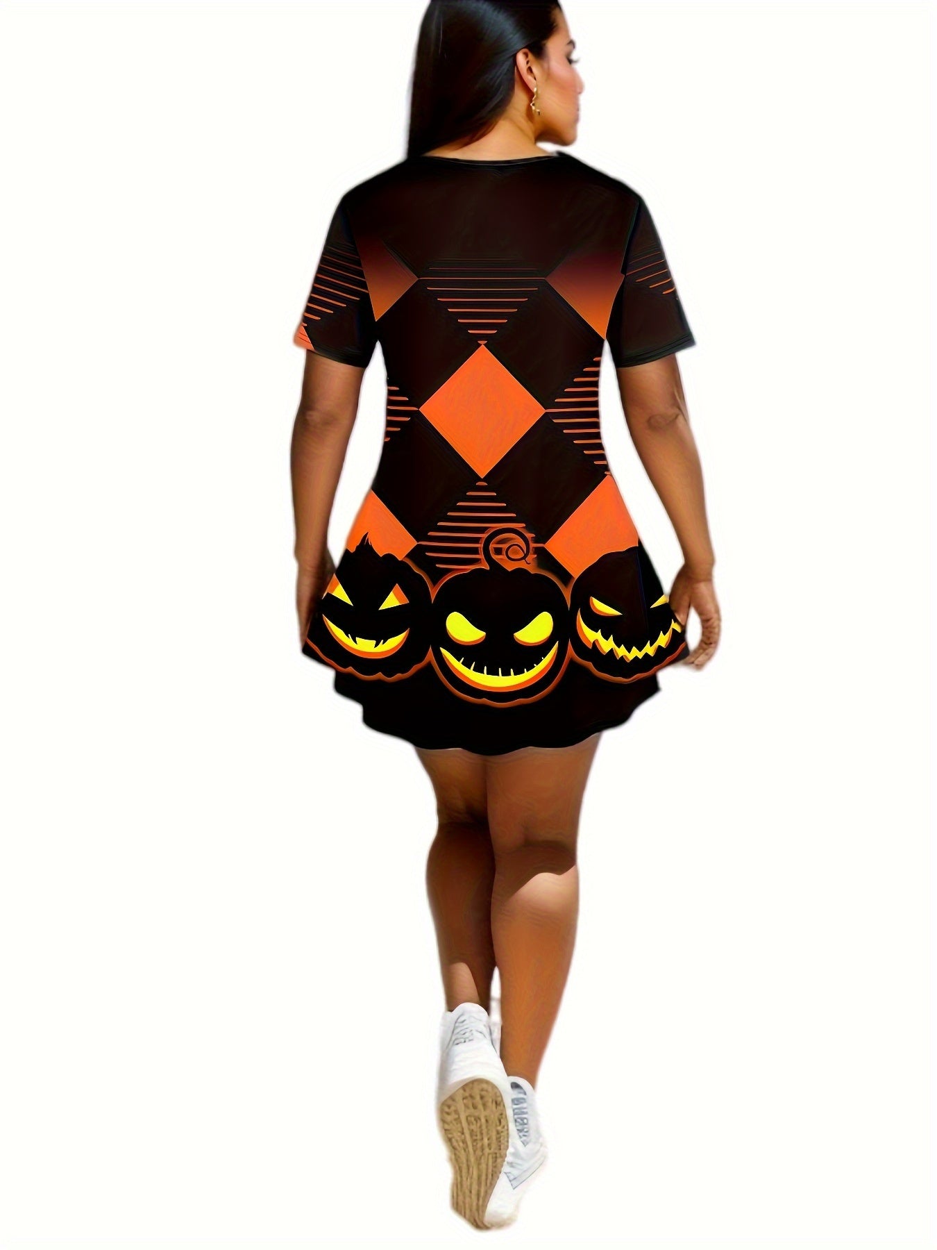 Gothic Halloween Outfit Set Women's Pumpkin & Geo Print Top & Leggings