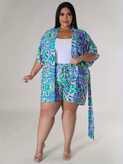 Allover Print Cardigan & Shorts Set