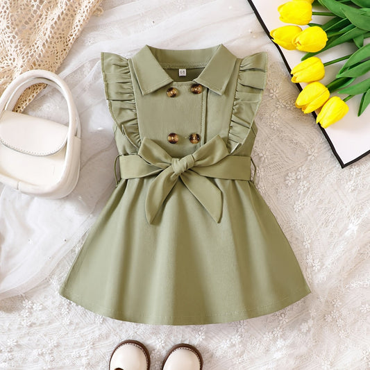 Baby Girls Casual Button Front Ruffle Trim Dress