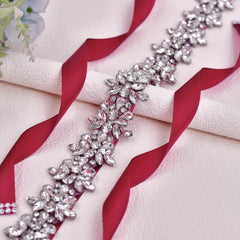 Rhinestone Bridal Sash Red Ribbon with Sparkling Floral