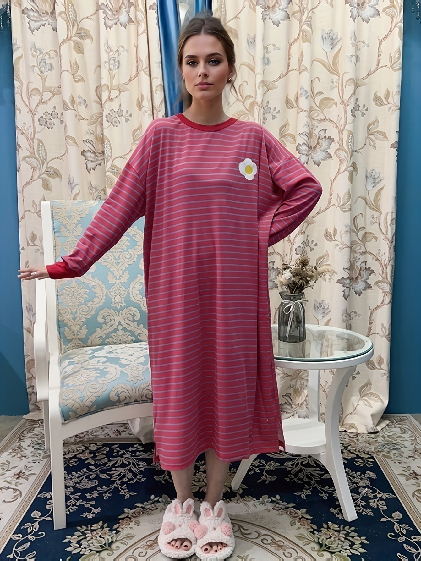 Flower Pattern Lounge Dress Long Sleeve Striped Home Dress Women's Loungewear