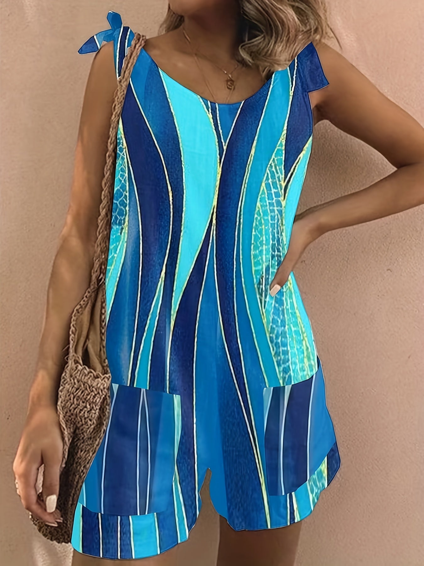 Striped Tie Shoulder Tank Romper