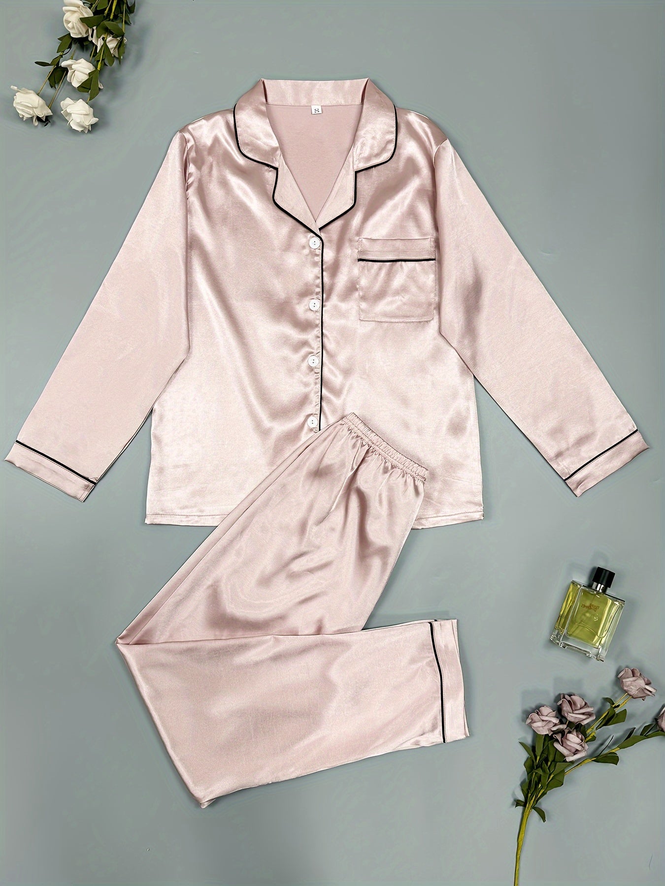 Satin Pajama Set Long Sleeve Top & Elastic Waist Pants Women's Sleepwear