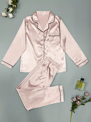 Satin Pajama Set Long Sleeve Top & Elastic Waist Pants Women's Sleepwear