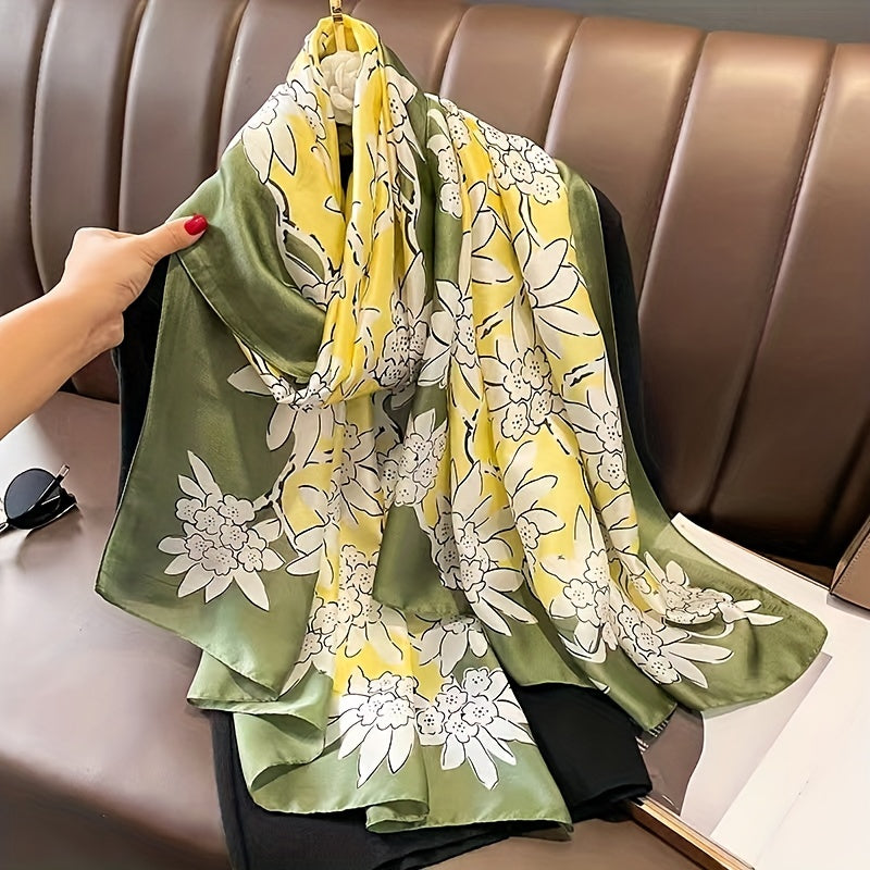 Flower Print Satin Scarf Silk Long Shawl Windproof Head Wraps
