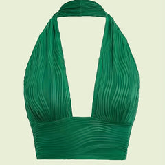 Textured Halter Crop Top Plunge Neck Sleeveless Summer Top