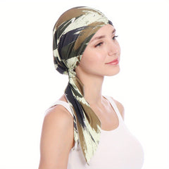 Stripe Leaf Print Bonnet Silk Head Wrap Boho Turban Soft Head Scarf