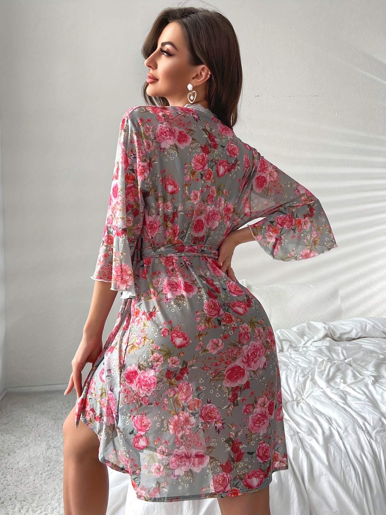 Floral Mesh Night Robe Lace V Neck Robe