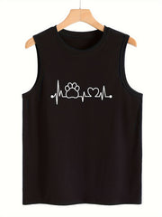 Heart & Paw Print Sleeveless Sports Vest Stretchy Casual Tops
