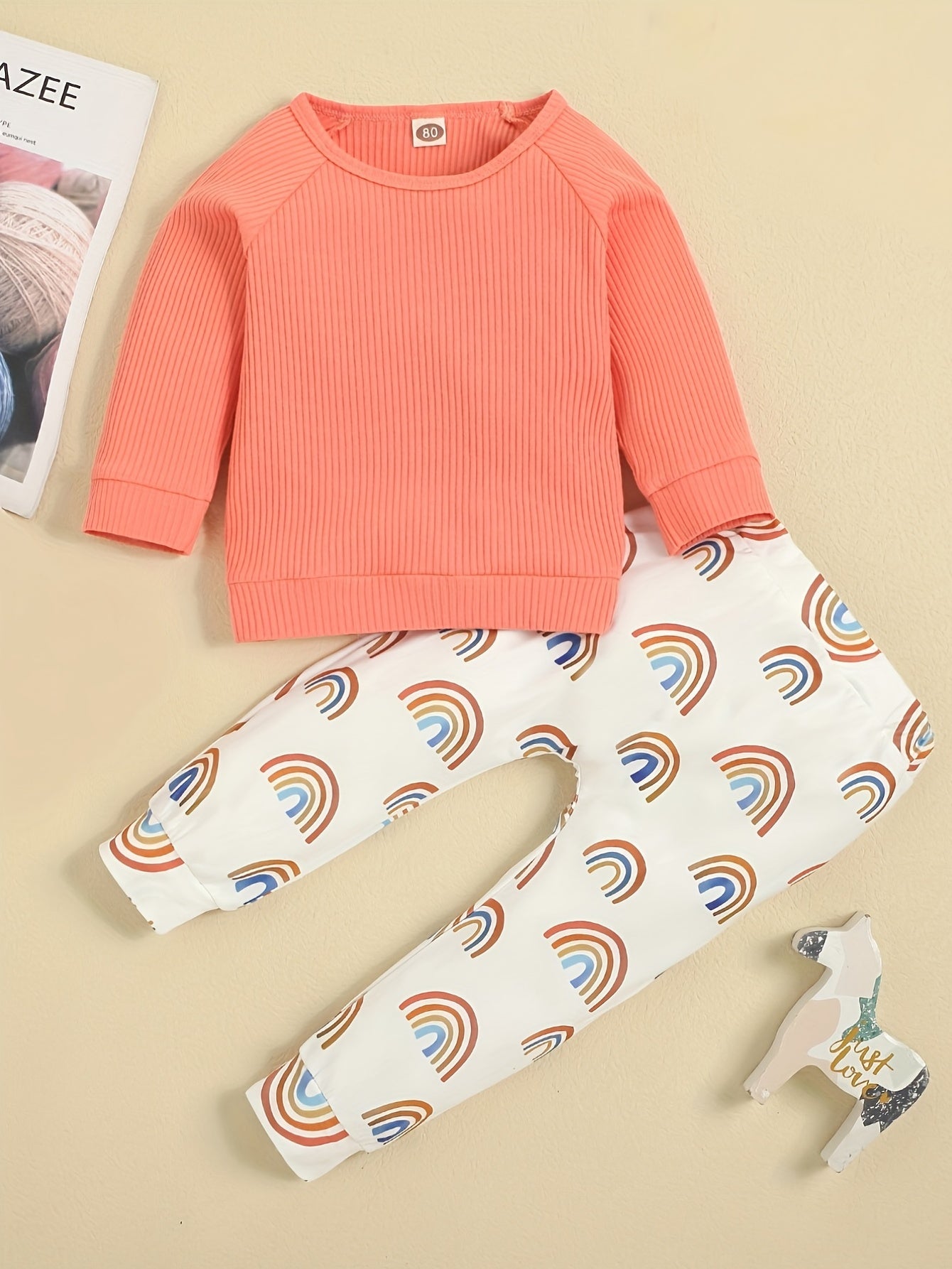 Baby Girl's Ribbed Top & Rainbow Print Pants Set