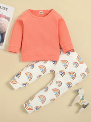Baby Girl's Ribbed Top & Rainbow Print Pants Set