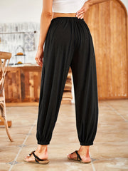 Solid Ruched Baggy Pants High Waist Elastic With Pockets