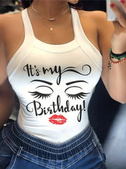 Figure & Letter Print Cami Top Sexy Back Bow Slim Spaghetti Strap Top