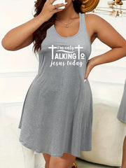 Plus Size Women's Sleep Dress Cross Slogan Print High Stretch Nightdress