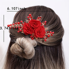 Red Flower Hair Comb Vintage Insert Comb Bridal Headdress Hair Comb