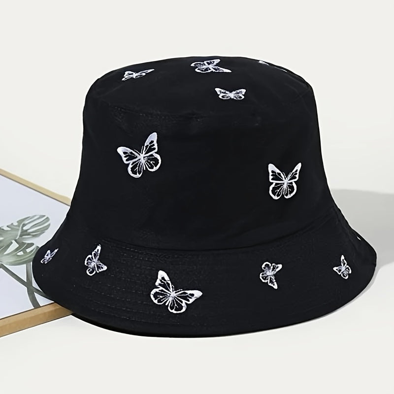 Embroidered Butterfly Bucket Hat Fisherman Hat For Women Cotton Fishing Cap