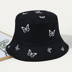 Embroidered Butterfly Bucket Hat Fisherman Hat For Women Cotton Fishing Cap