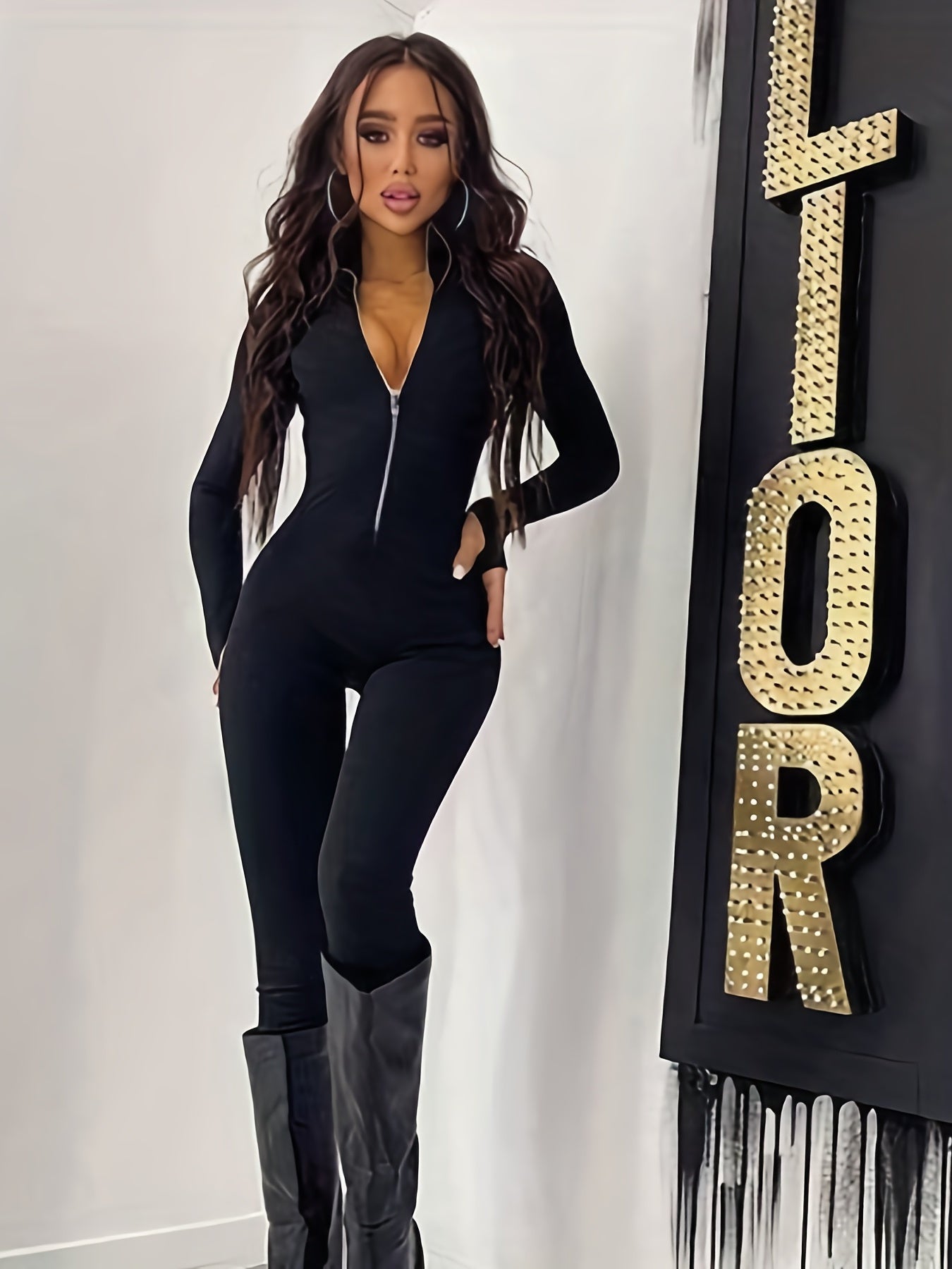 Solid Long Sleeve Bodycon Jumpsuit Thumb Hole Zipper
