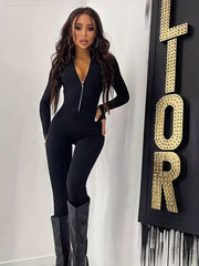 Solid Long Sleeve Bodycon Jumpsuit Thumb Hole Zipper