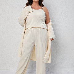 Textured Cami Top & Wide Leg Pants & Robe Pajama Set