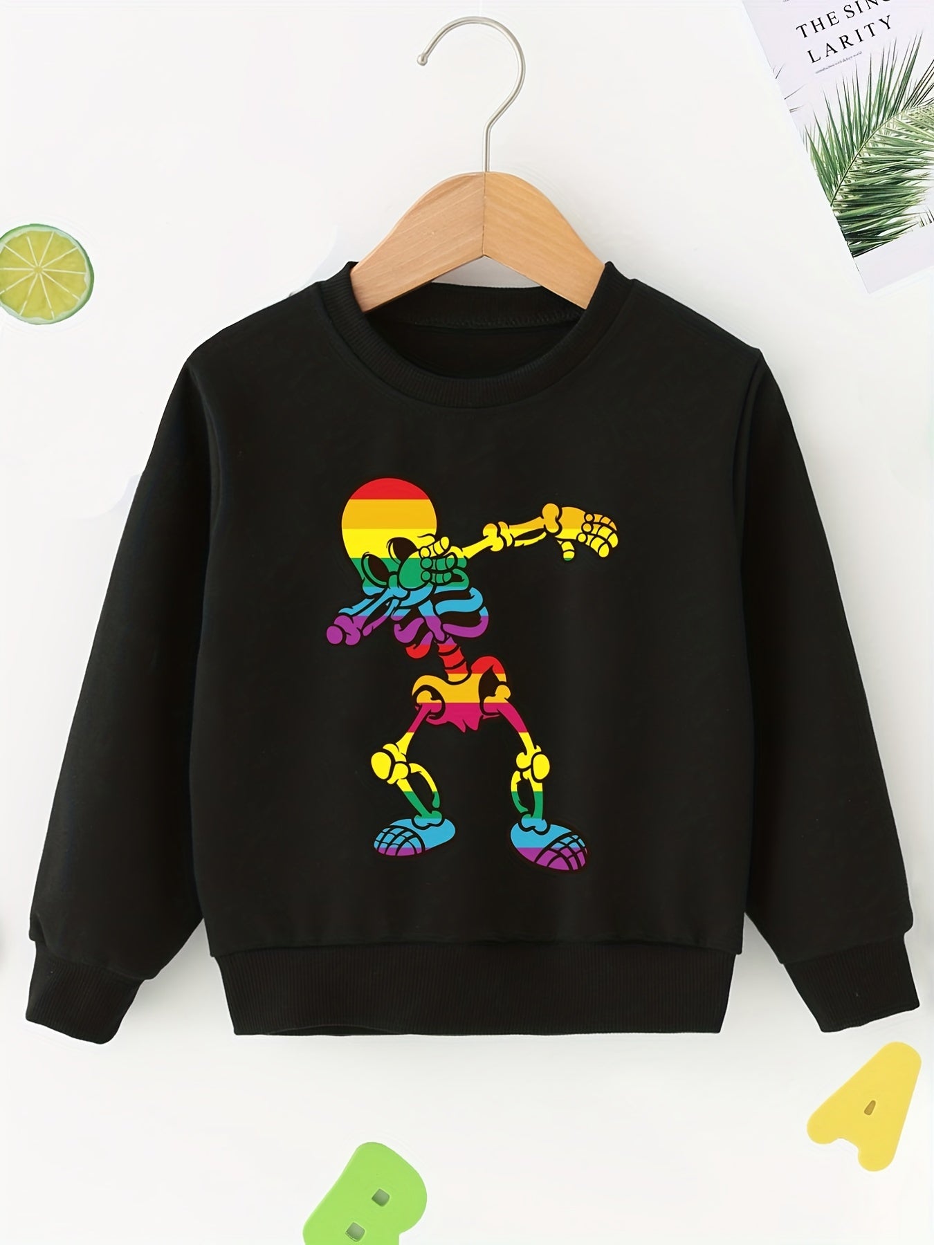 Colorful Skeleton Print Boys Casual Pullover Sweatshirt