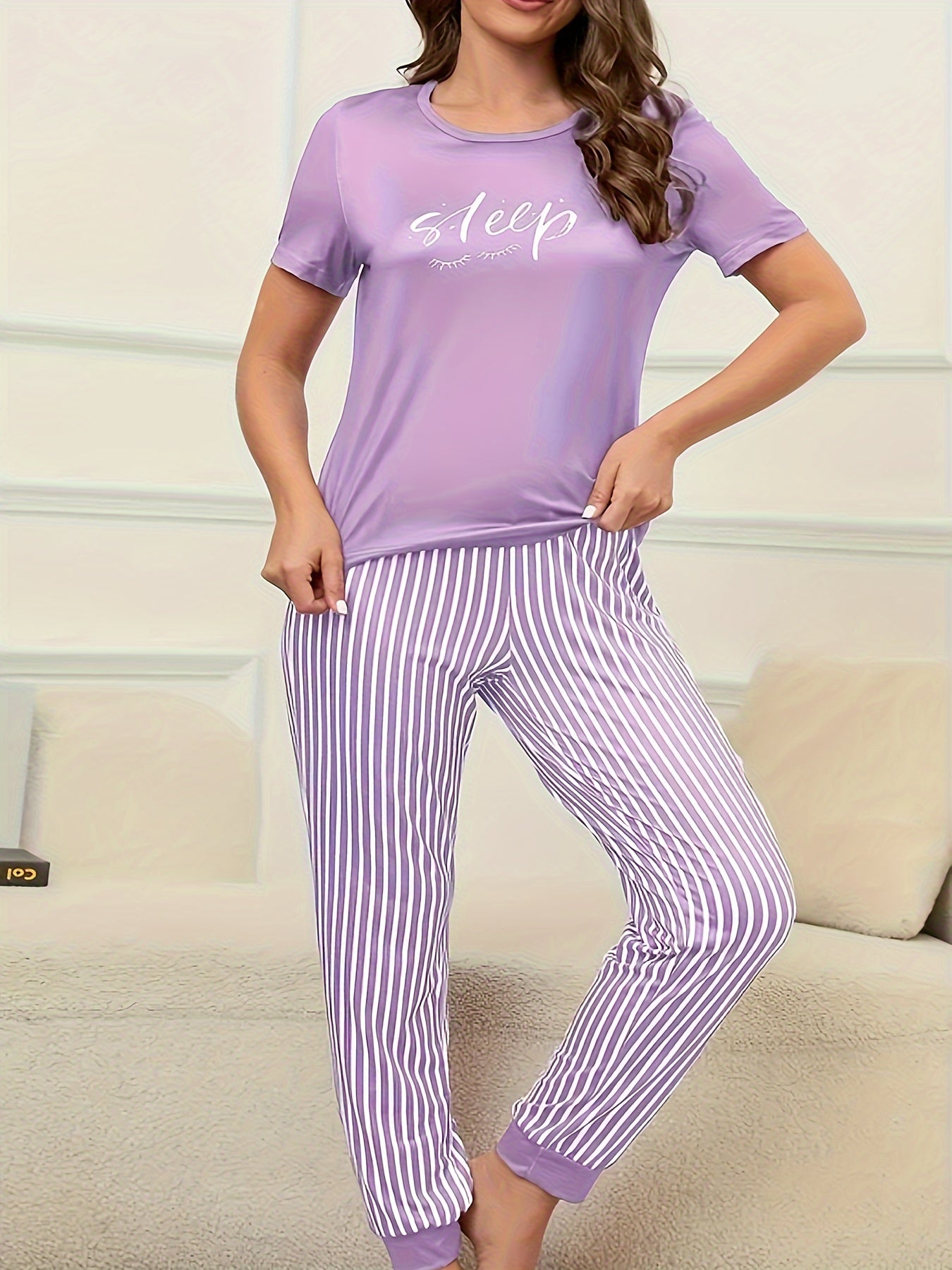 Eyelash Letter Print Tee & Striped Joggers 2 Piece Lounge Set