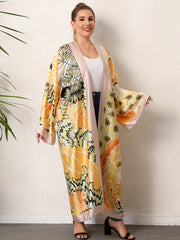 Boho Kimono Women's Plus Floral Print Long Sleeve Beach Cover-Up