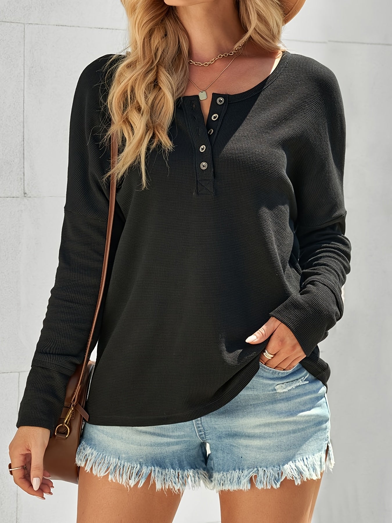 Women's Waffle Knit Button Sweater Long Sleeve