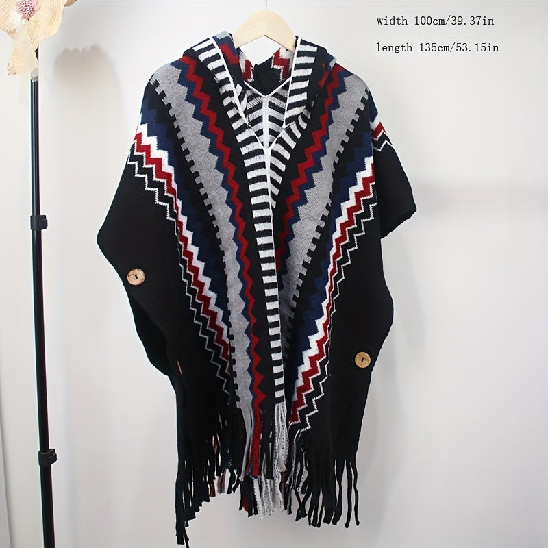 Striped Tassel Shawl Bohemian Block Warm Wrap Ruffles Knitted