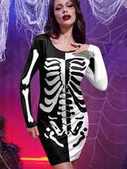 Skeleton Print Halloween Dress Crew Neck Long Sleeve Dress Women's Clothing