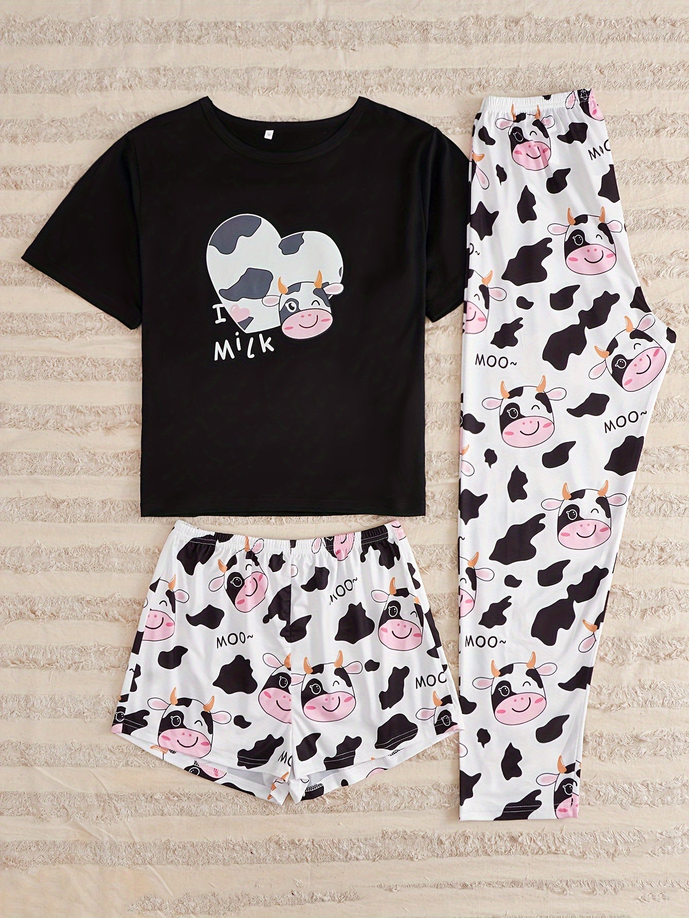 Cow Print Pajamas Set Short Sleeve Top & Shorts & Pants