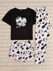 Cow Print Pajamas Set Short Sleeve Top & Shorts & Pants