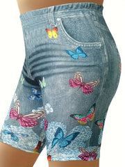Butterfly Print Short Length Leggings High Waist Slim Summer Leggings