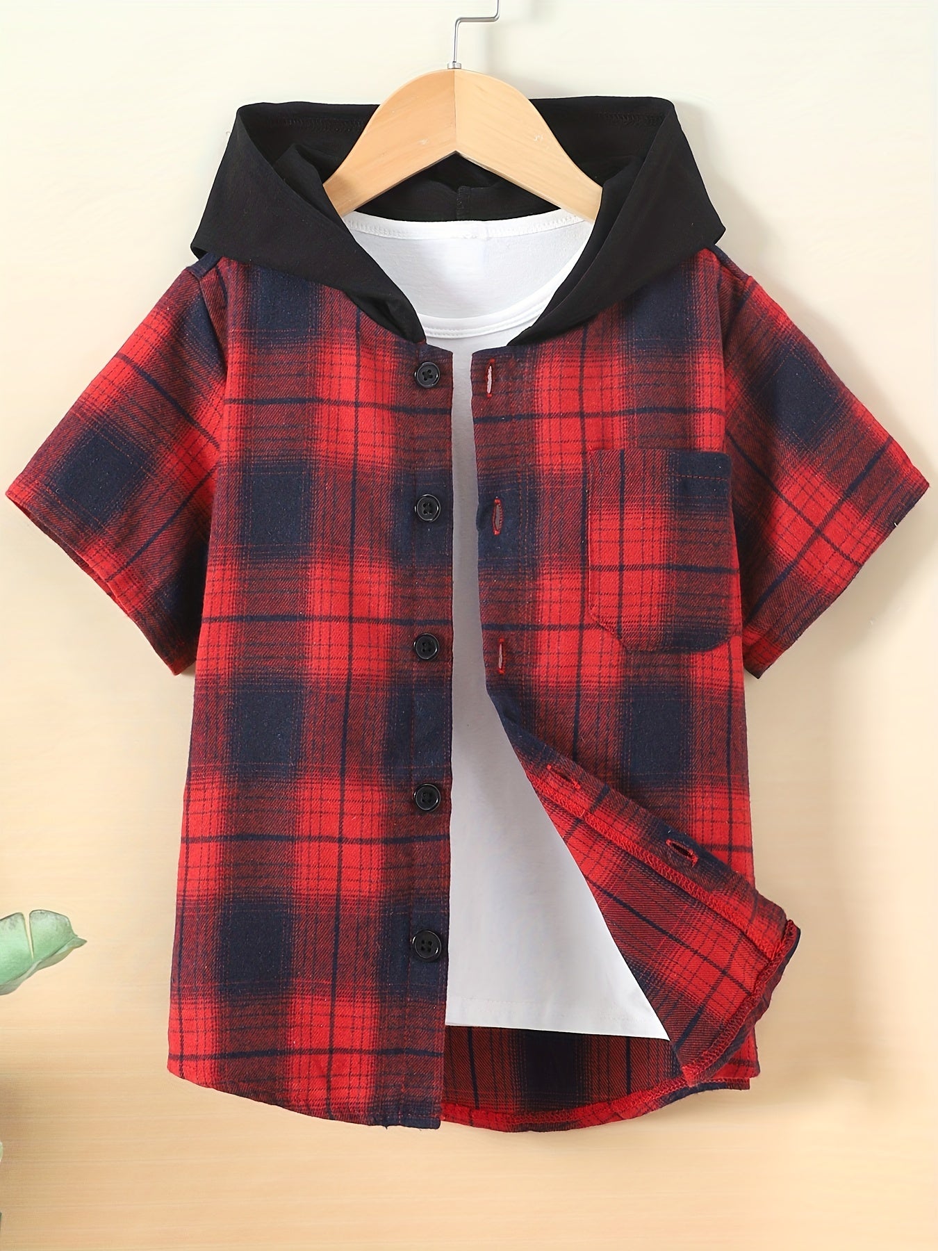 Plaid Hooded Top Short Sleeve Shirt for Boys