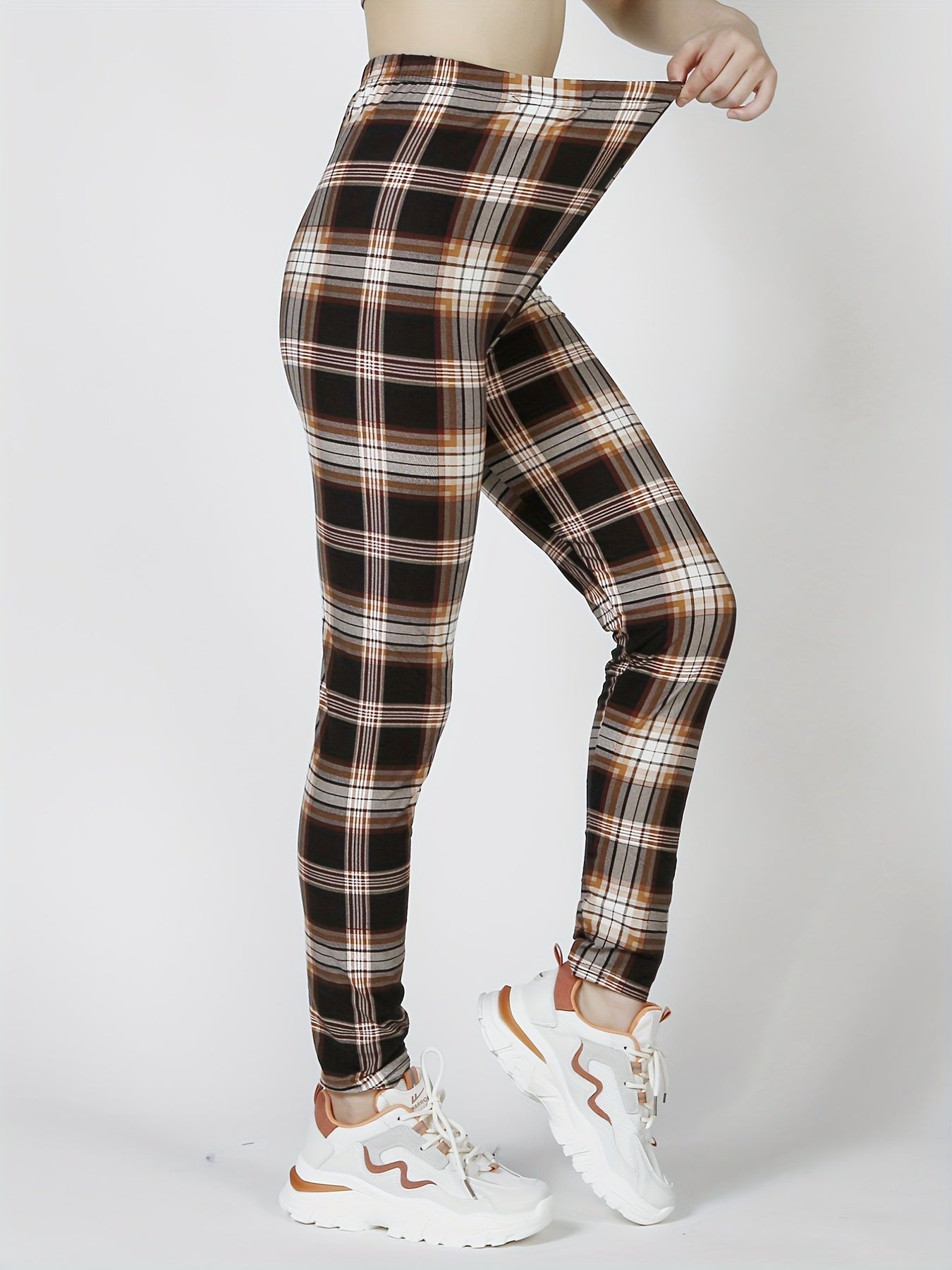 Plaid Slim Leggings High Waist Elastic Bottoms Women's Clothing