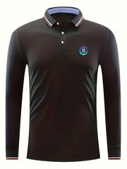 Men's B Print Polo Shirt Casual Slightly Stretch Breathable Button