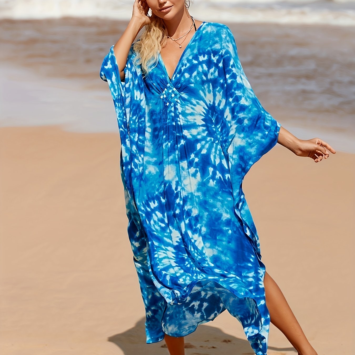 Tie Dye Bat Sleeve V Neck Cover Up Dress