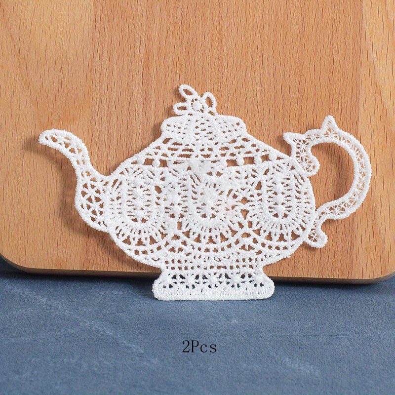2pcs Lace Cup Teapot Embroidered Patches DIY Cloth Patches Hollow Water Soluble