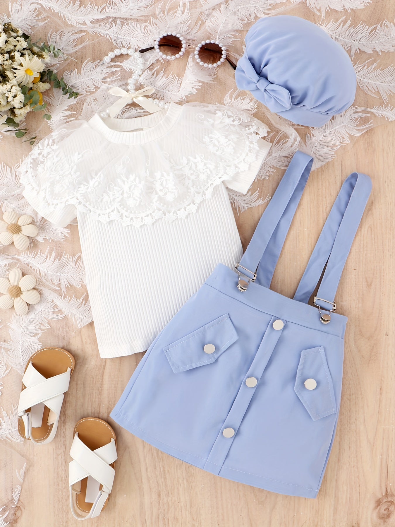 Girls Ribbed T shirt & Short Skirt Jumpsuit Set Lace Decor Tee Top Romper