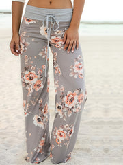 Flower Print Loose Pants Casual Lace up High Waist Wide Leg