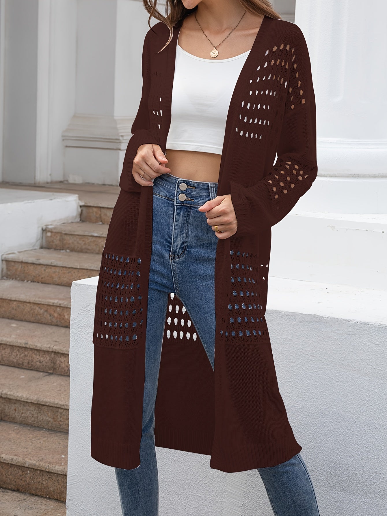 Eyelet Embroidered Long Sleeve Open Front Cardigan