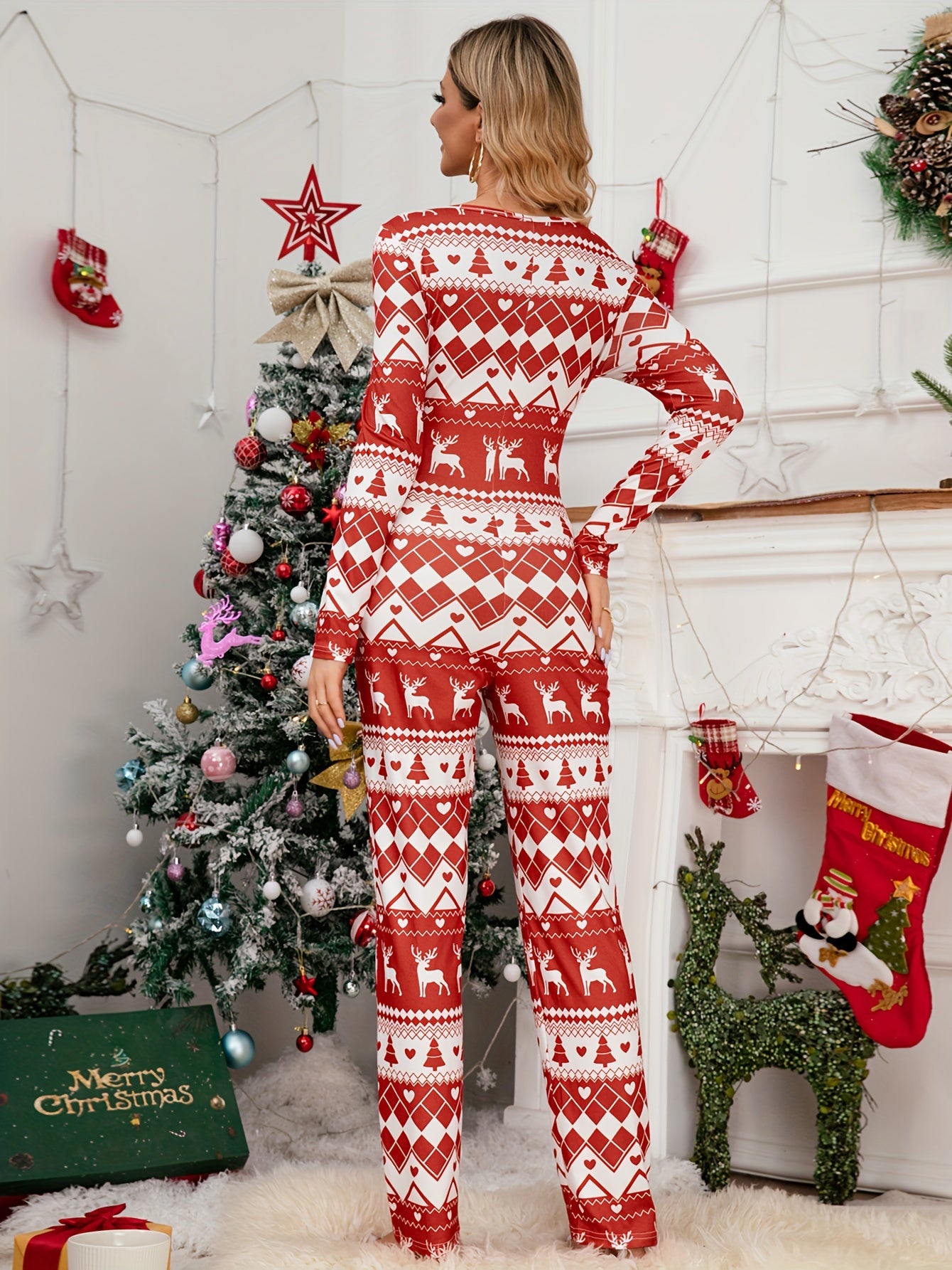 Christmas Print Pajama Set V Neck Long Sleeve Top & Elastic Waistband Pants