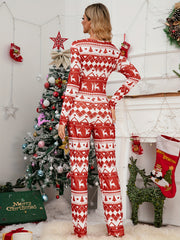 Christmas Print Pajama Set V Neck Long Sleeve Top & Elastic Waistband Pants