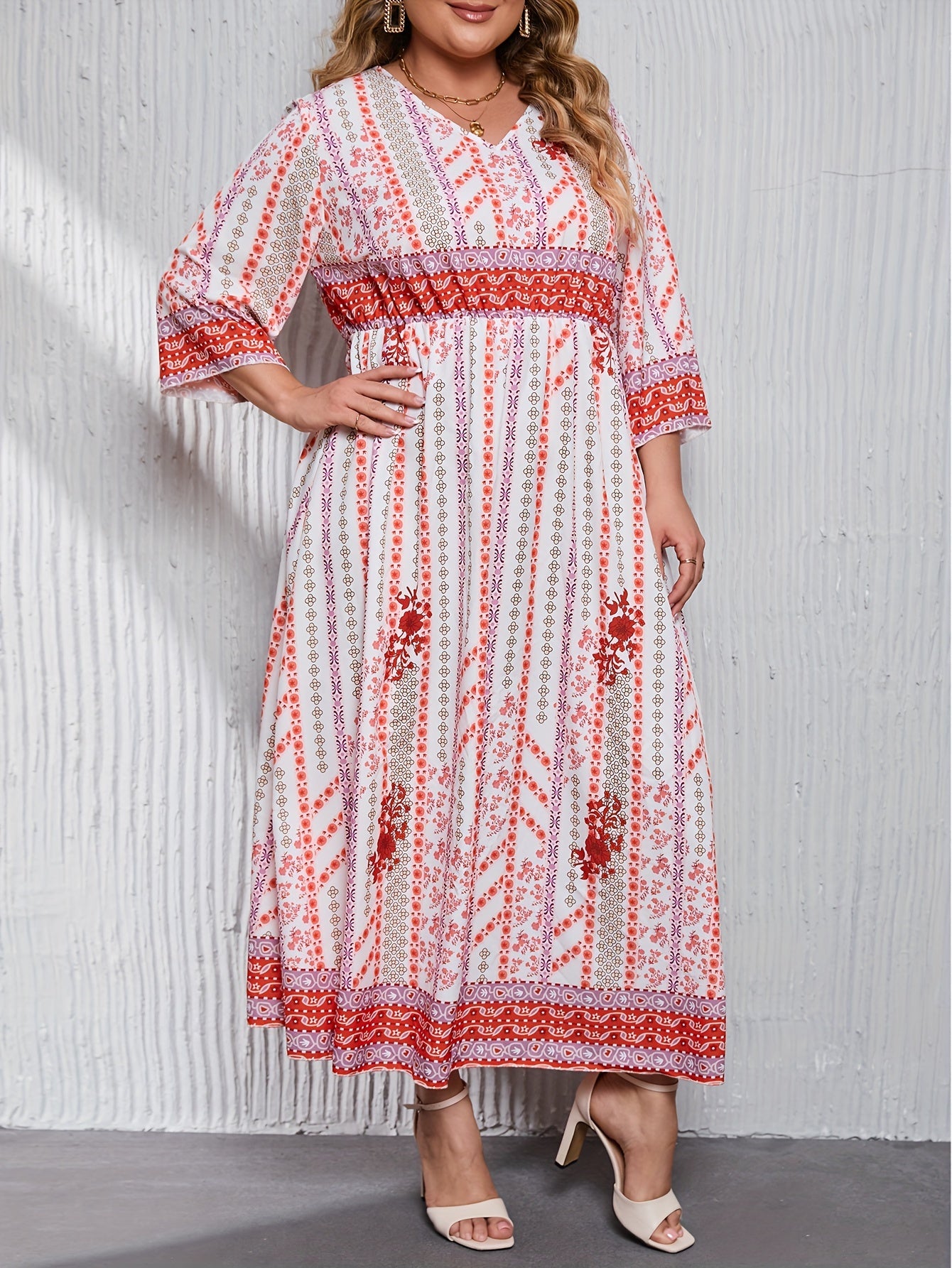 Women's Plus Size Kaftan Dress Floral & Geometric Print V Neck Maxi