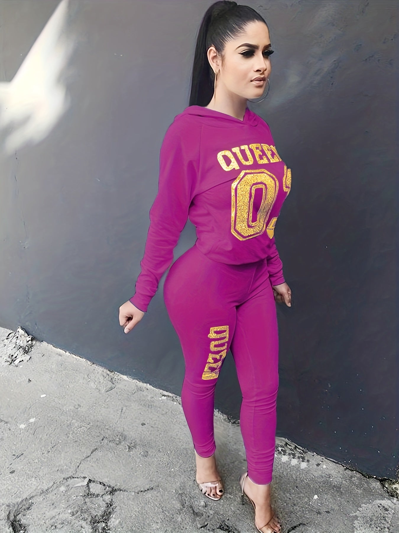 Letter Print 2-Piece Set Hoodies & Skinny Pants
