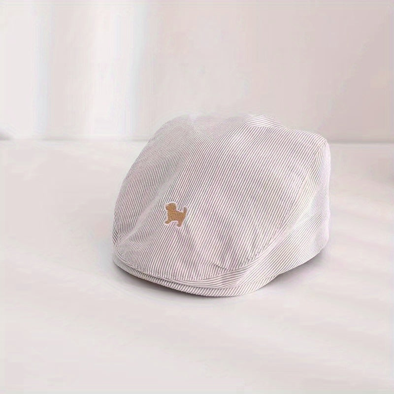 Casual Striped Beret Vintage Breathable Cap Dog Embroidery